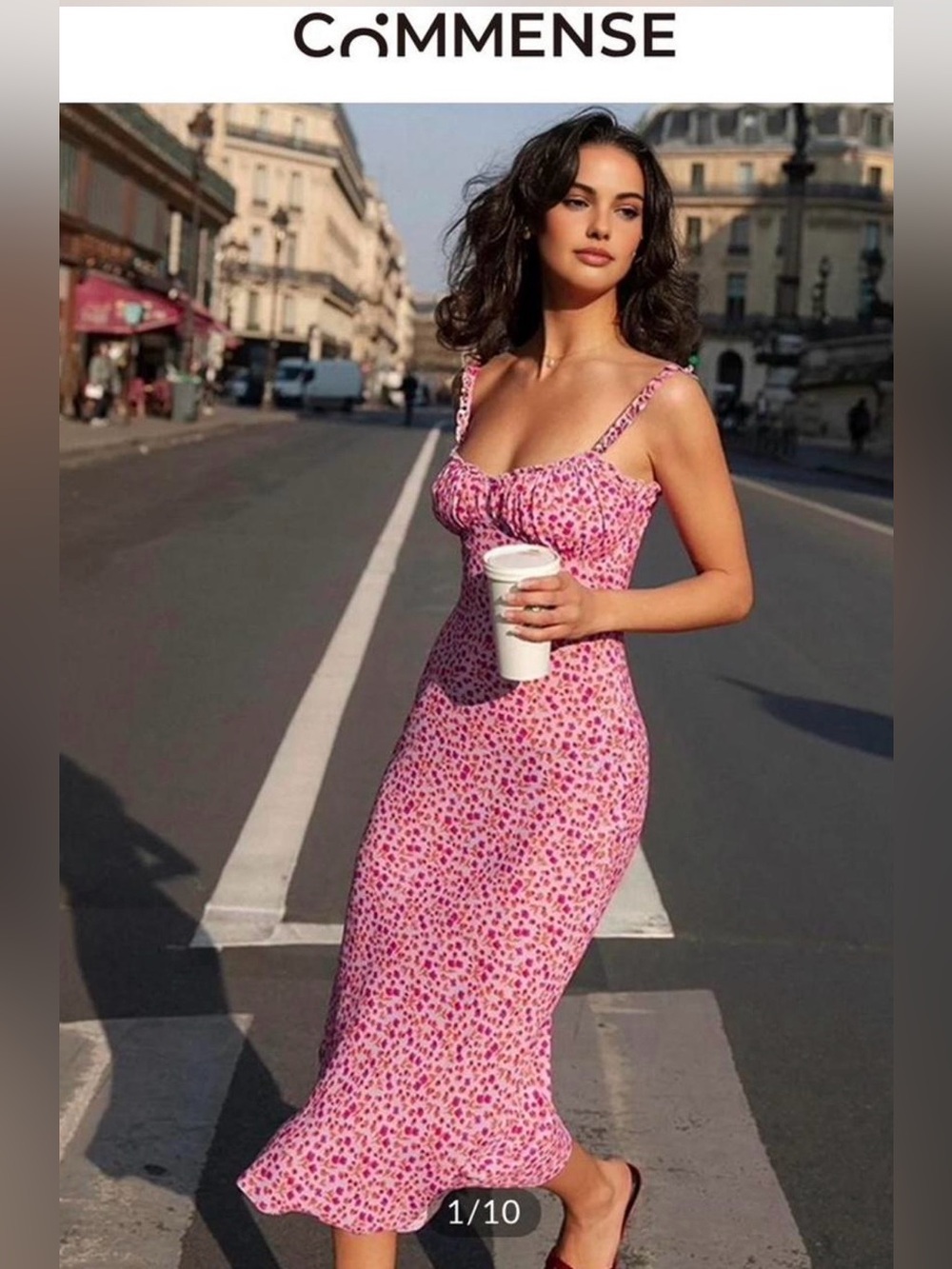 Commense Pink Floral Printed Midi Dress with Ruffle Straps